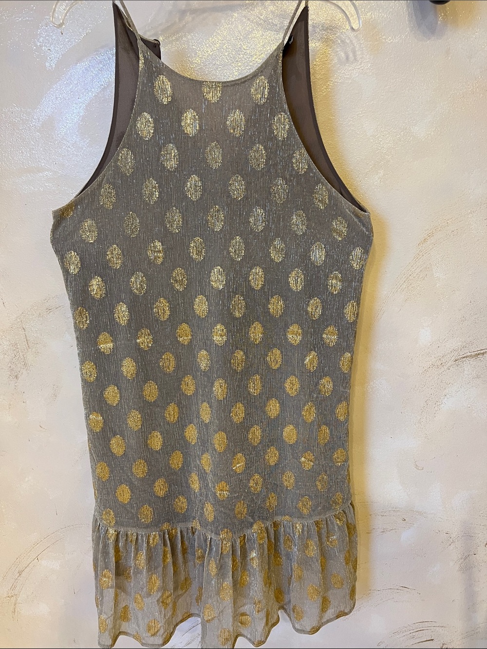 Vici Metallic Dot Sleeveless Ruffle Hem Dress - Gold on Gray